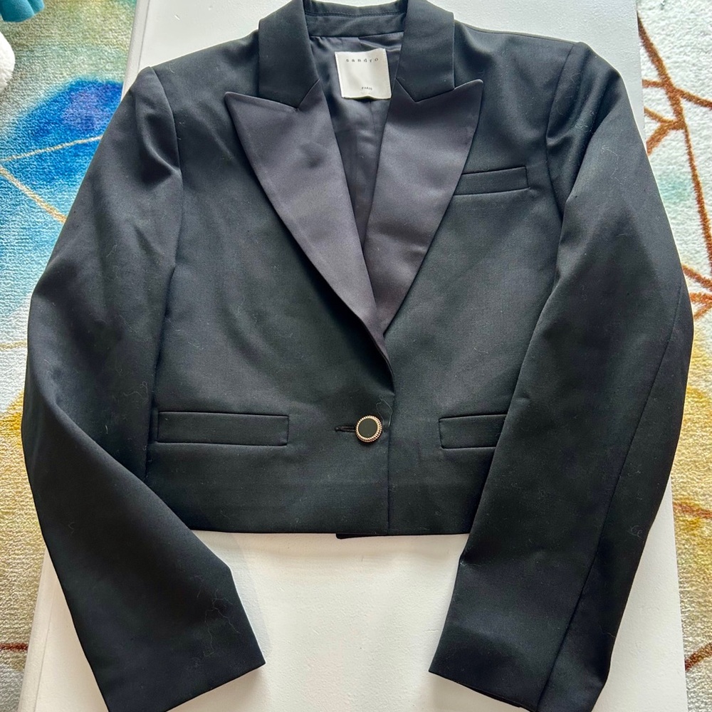 Sandro Black Cropped Blazer with Satin Lapels